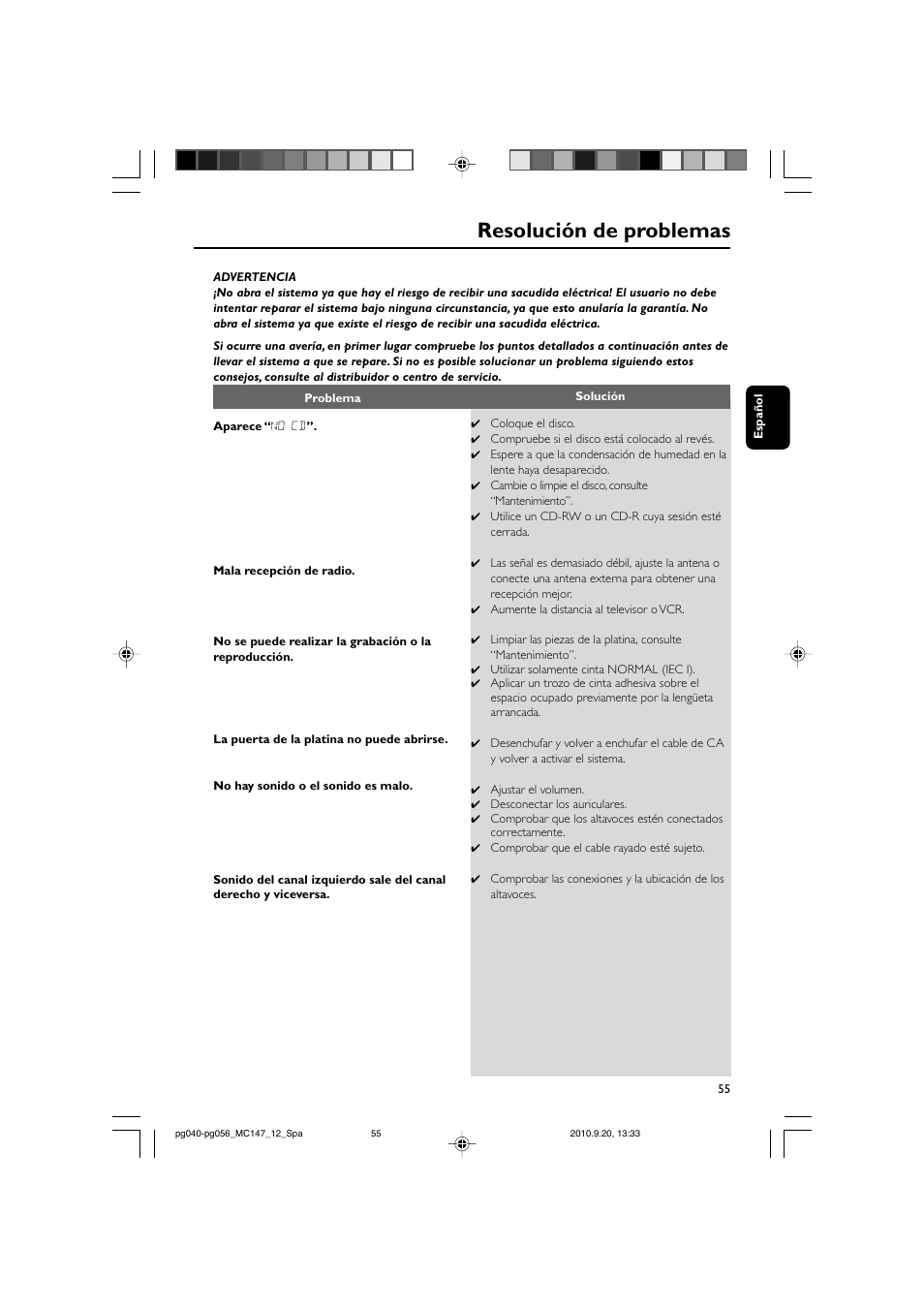 Resolución de problemas | Philips Microcadena clásica User Manual | Page 21 / 23