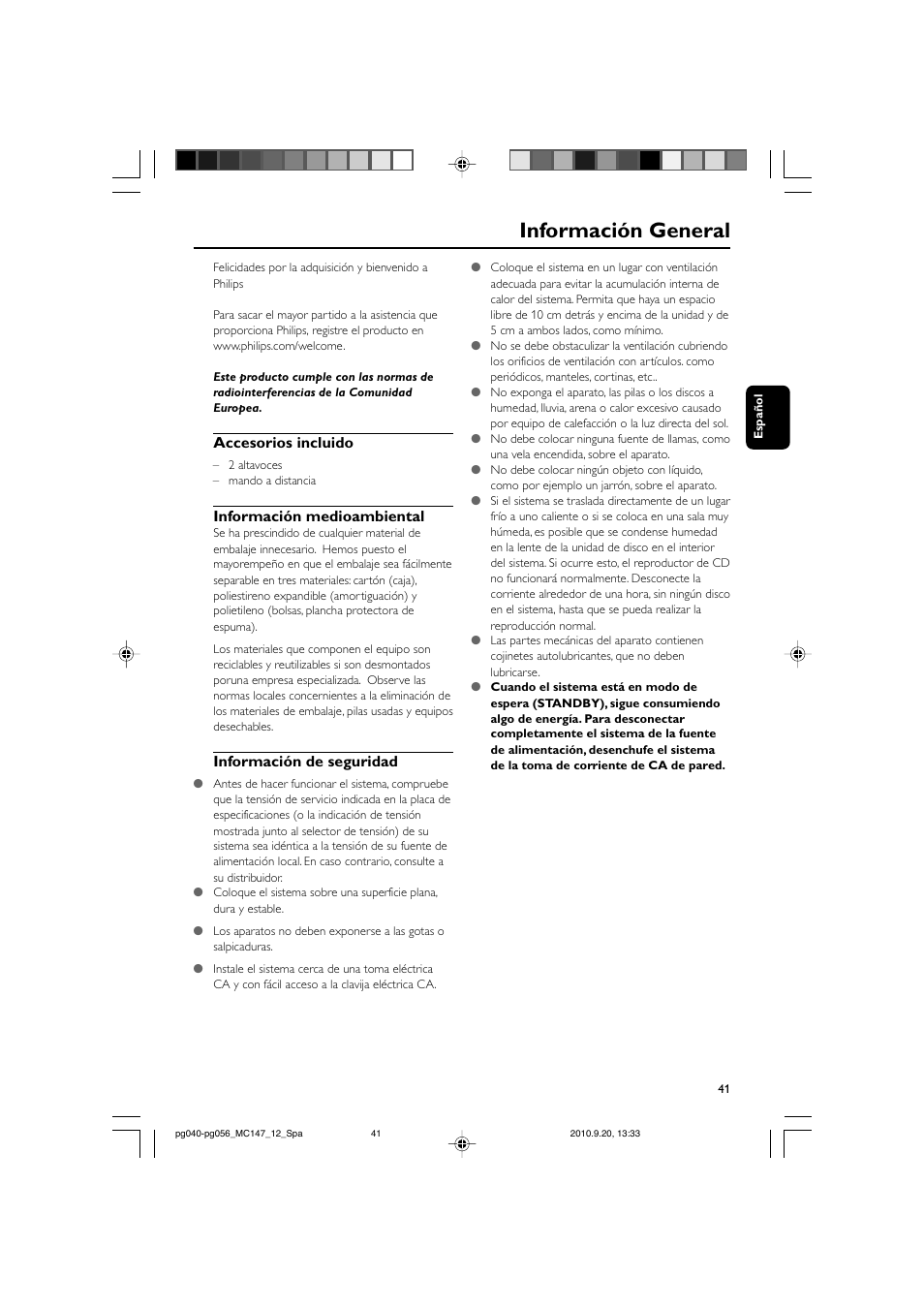 Información general, Accesorios incluido, Información medioambiental | Información de seguridad | Philips Microcadena clásica User Manual | Page 7 / 23