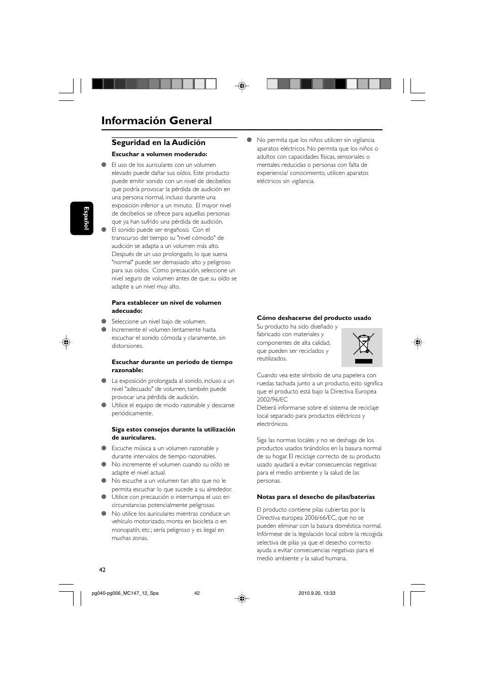 Información general, Seguridad en la audición | Philips Microcadena clásica User Manual | Page 8 / 23