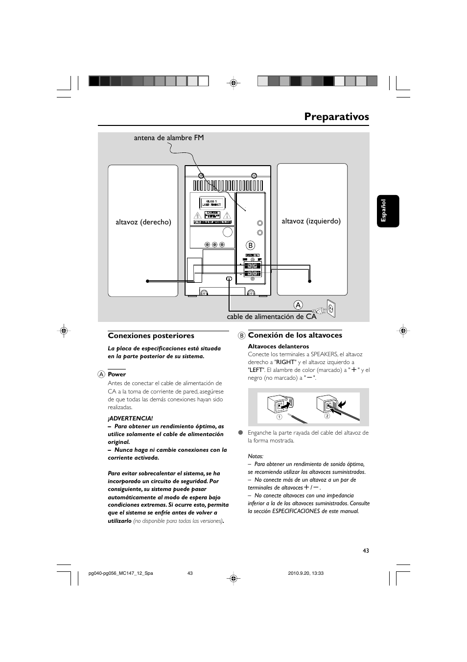 Preparativos, Conexiones posteriores, Speaker (right) speaker (left) | B conexión de los altavoces | Philips Microcadena clásica User Manual | Page 9 / 23