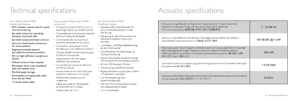 Technical specifications, Acoustic specifications, Technical specifications acoustic specifications | Philips Fidelio Auriculares inalámbricos Bluetooth User Manual | Page 7 / 12