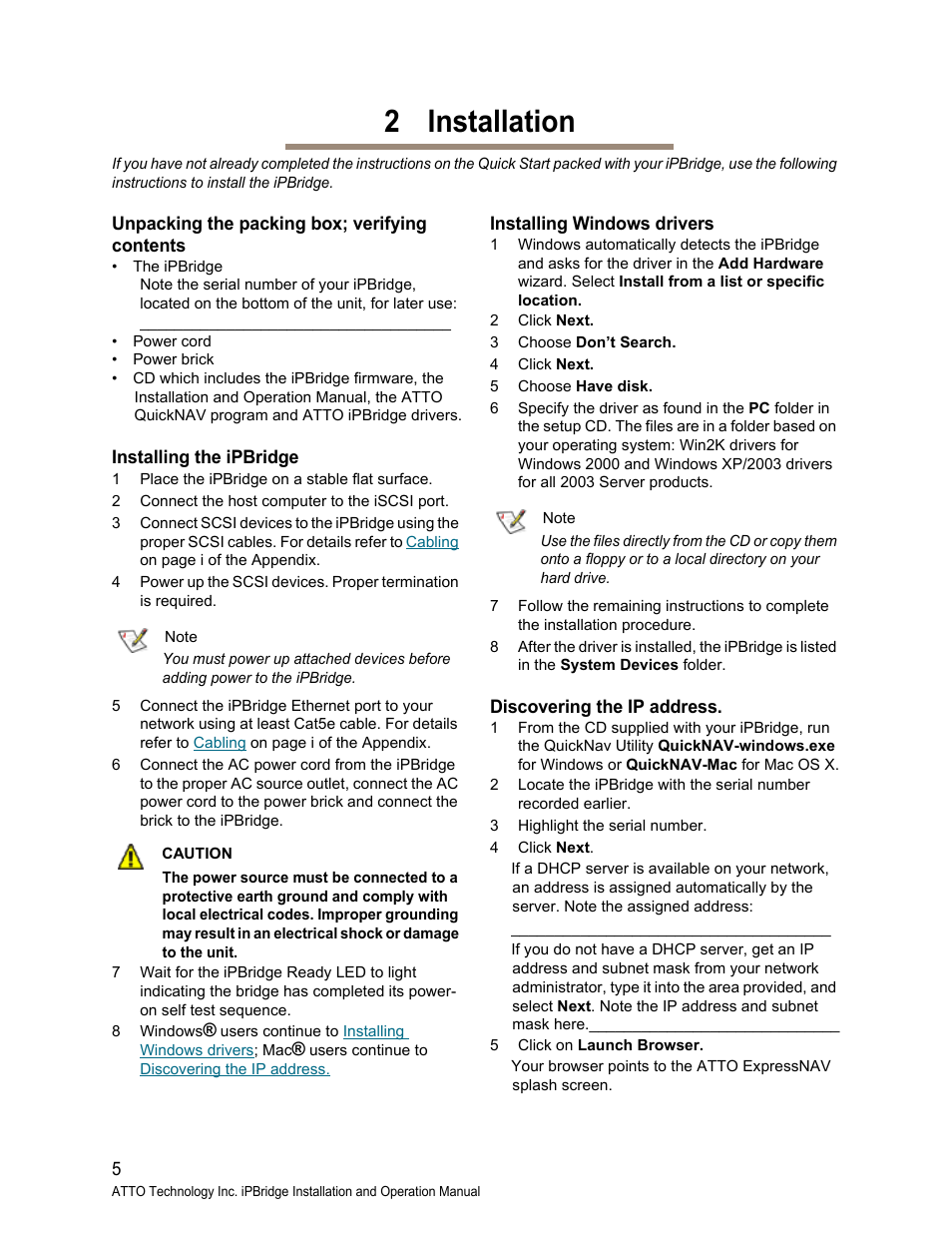 2 installation, Unpacking the packing box; verifying contents, Installing the ipbridge | Installing windows drivers, Discovering the ip address | ATTO Technology 1550D User Manual | Page 10 / 43