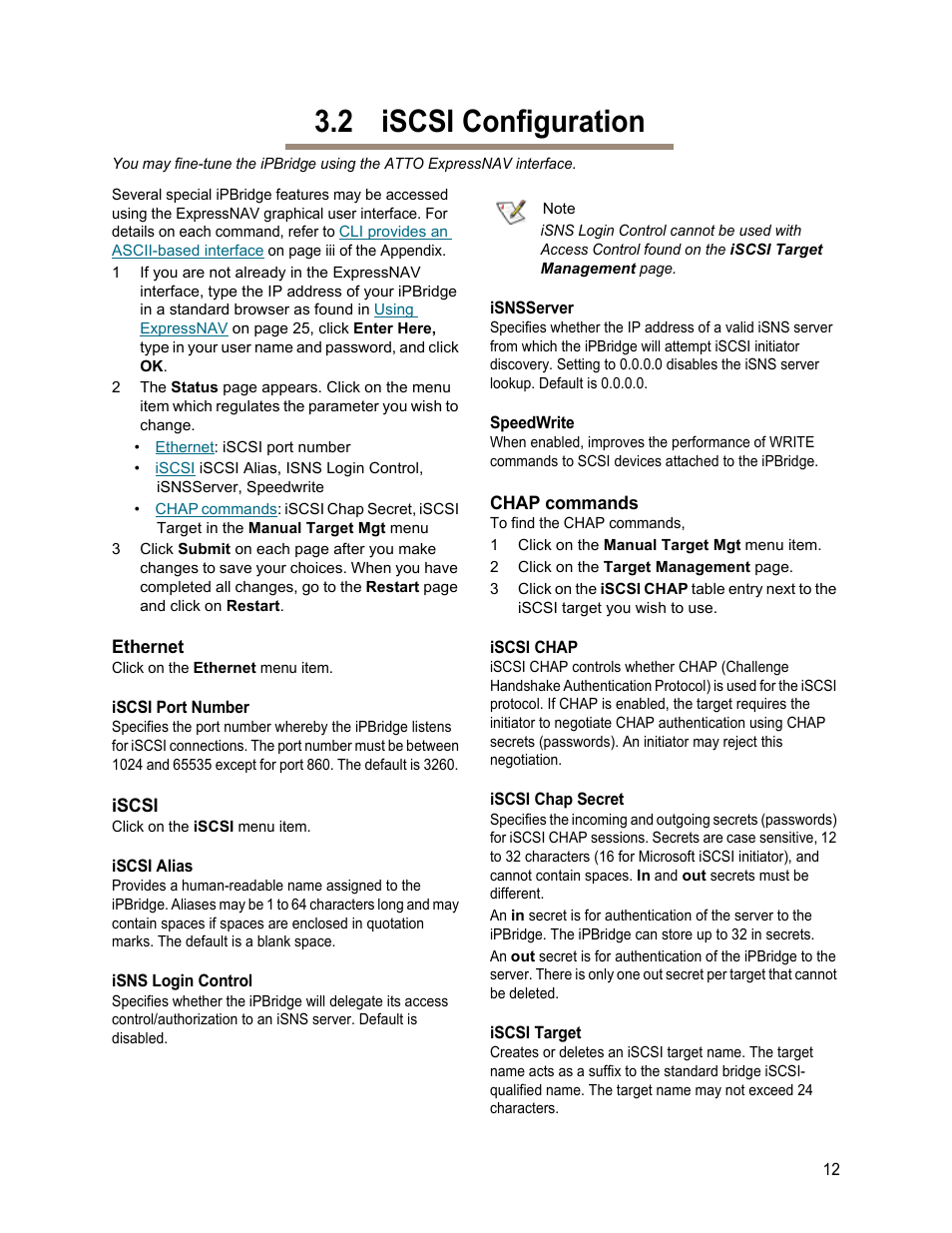 2 iscsi configuration, Ethernet, Iscsi port number | Iscsi, Iscsi alias, Isns login control, Isnsserver, Speedwrite, Chap commands, Iscsi chap | ATTO Technology 1550D User Manual | Page 17 / 43