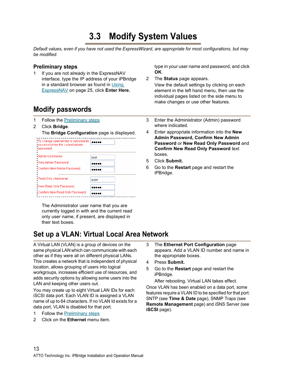 3 modify system values, Preliminary steps, Modify passwords | Set up a vlan: virtual local area network, Modify system values | ATTO Technology 1550D User Manual | Page 18 / 43