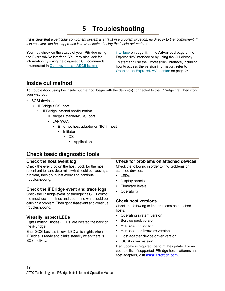 5 troubleshooting, Inside out method, Check basic diagnostic tools | Check the host event log, Check the ipbridge event and trace logs, Visually inspect leds, Check for problems on attached devices, Check host versions | ATTO Technology 1550D User Manual | Page 21 / 43