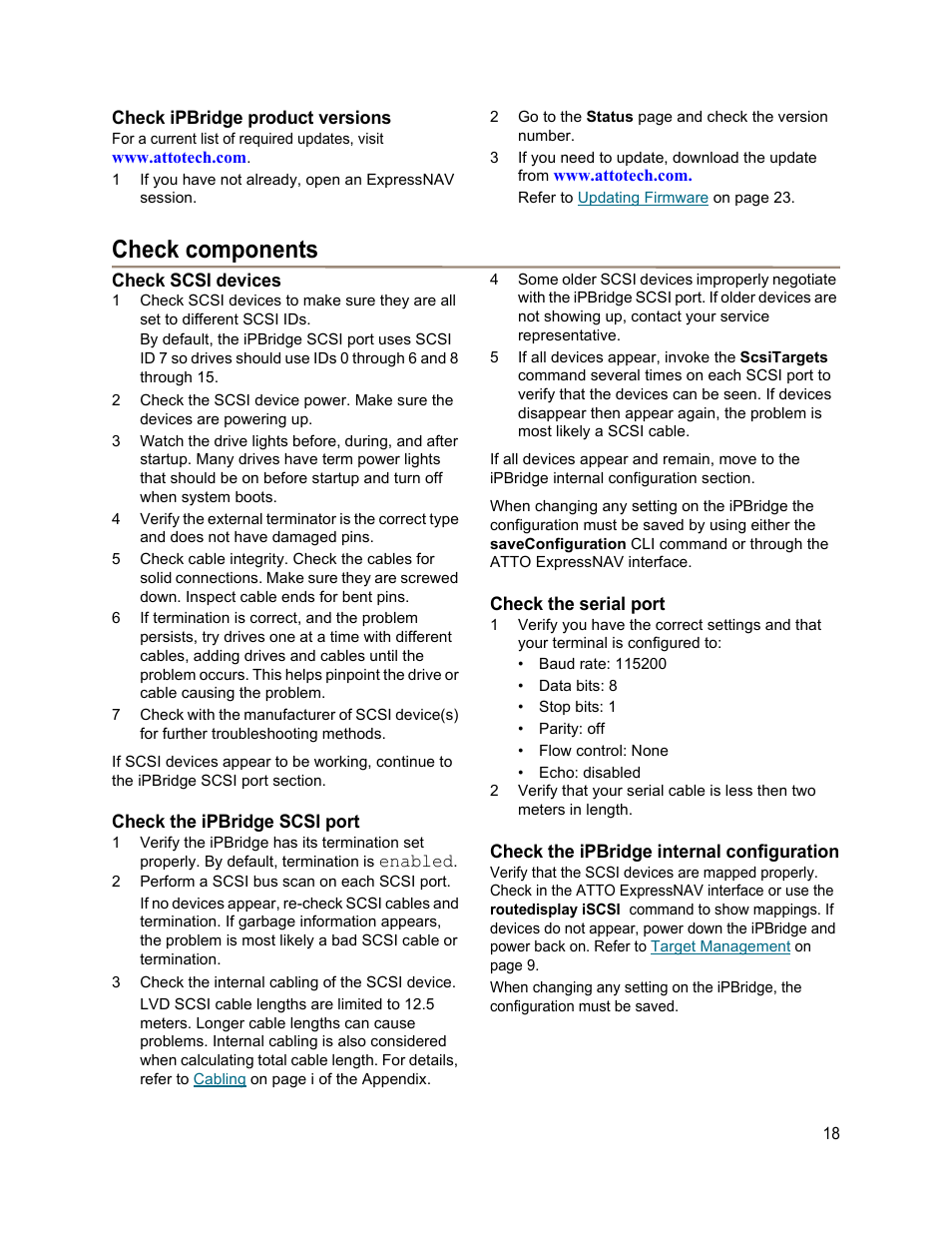 Check ipbridge product versions, Check components, Check scsi devices | Check the ipbridge scsi port, Check the serial port, Check the ipbridge internal configuration | ATTO Technology 1550D User Manual | Page 22 / 43