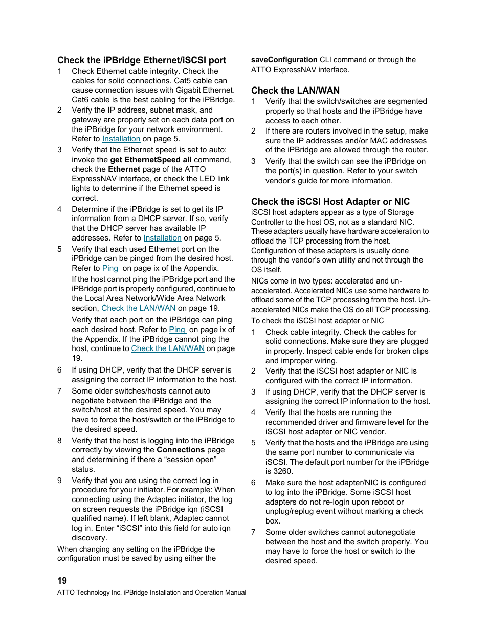 Check the ipbridge ethernet/iscsi port, Check the lan/wan, Check the iscsi host adapter or nic | ATTO Technology 1550D User Manual | Page 23 / 43