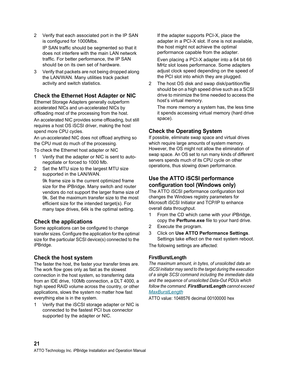 Check the ethernet host adapter or nic, Check the applications, Check the host system | Check the operating system, Firstburstlength | ATTO Technology 1550D User Manual | Page 25 / 43