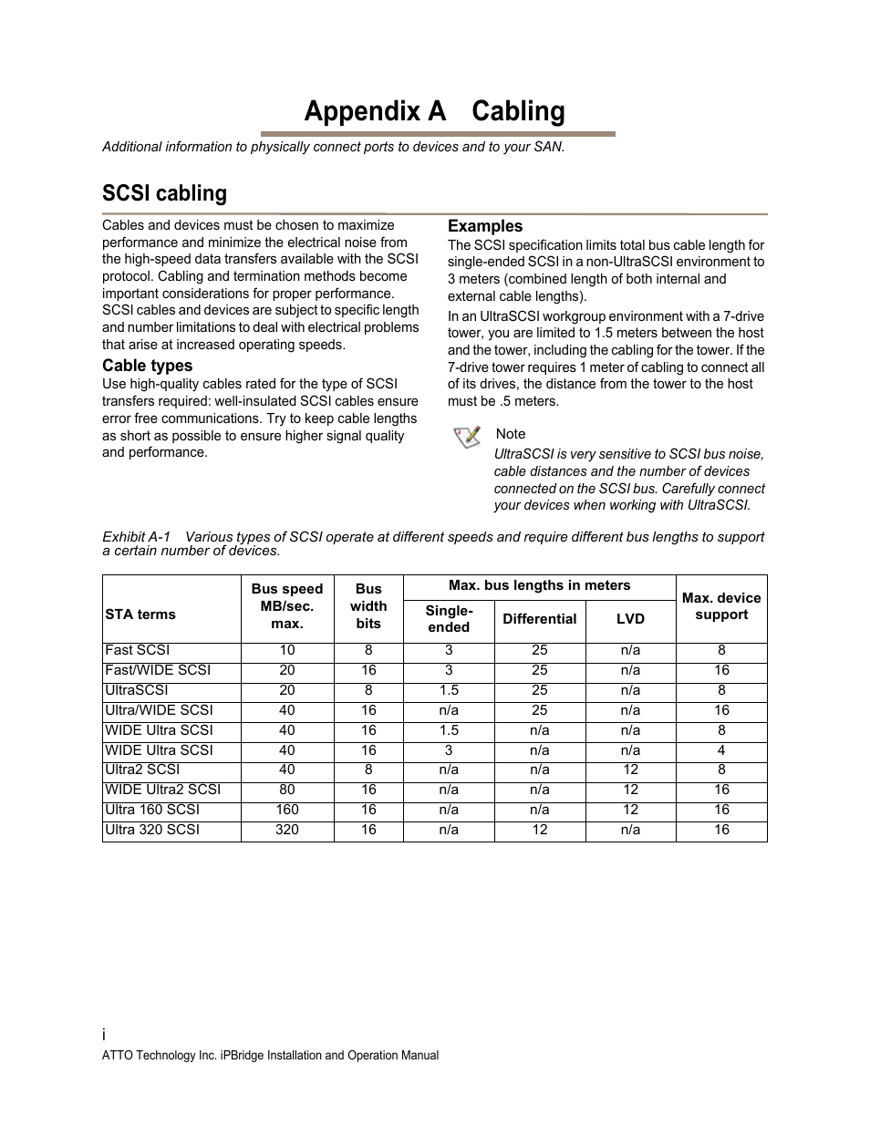 Appendix a cabling, Scsi cabling, Cable types | Examples, Scsi cabling cable types examples, Cabling | ATTO Technology 1550D User Manual | Page 30 / 43