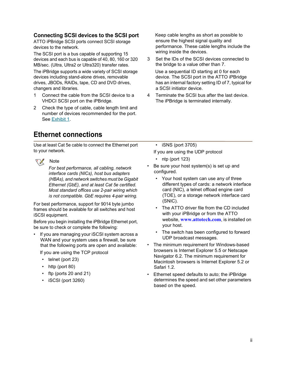 Connecting scsi devices to the scsi port, Ethernet connections, Refer to | Connecting scsi devices to the scsi, Port | ATTO Technology 1550D User Manual | Page 31 / 43