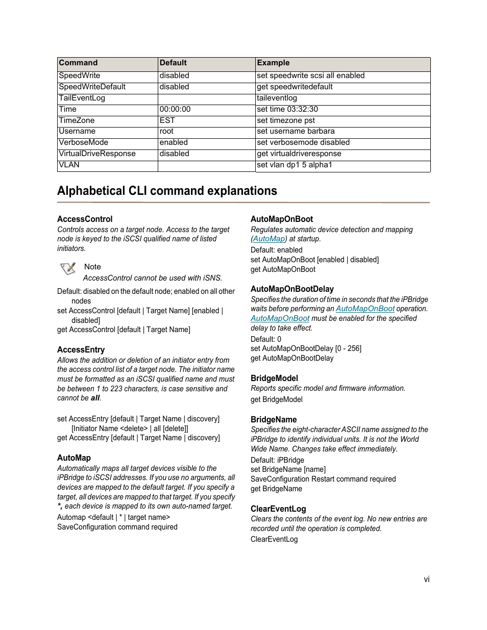 Alphabetical cli command explanations, Accesscontrol, Accessentry | Automap, Automaponboot, Automaponbootdelay, Bridgemodel, Bridgename, Cleareventlog | ATTO Technology 1550D User Manual | Page 35 / 43