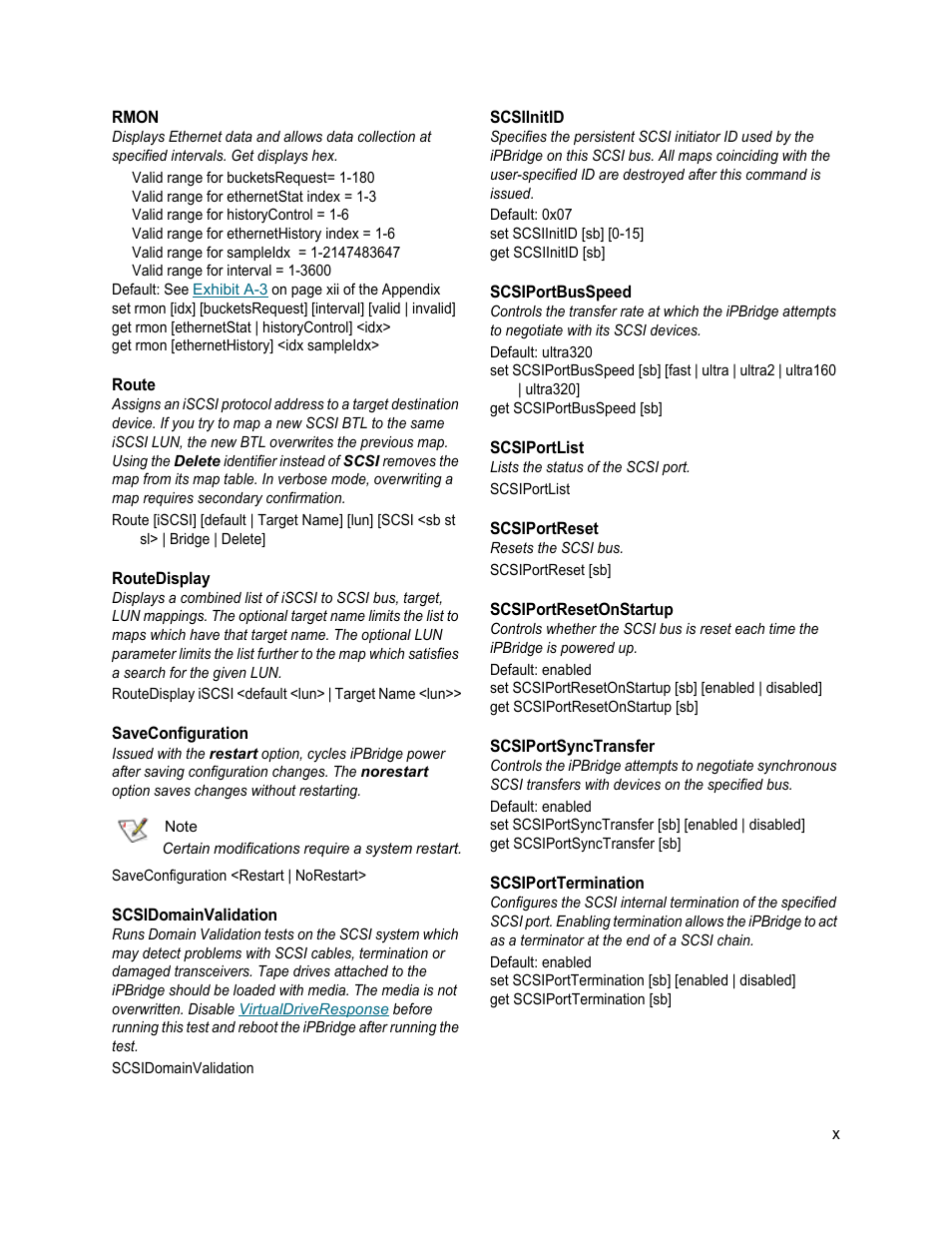 Rmon, Route, Routedisplay | Saveconfiguration, Scsidomainvalidation, Scsiinitid, Scsiportbusspeed, Scsiportlist, Scsiportreset, Scsiportresetonstartup | ATTO Technology 1550D User Manual | Page 39 / 43