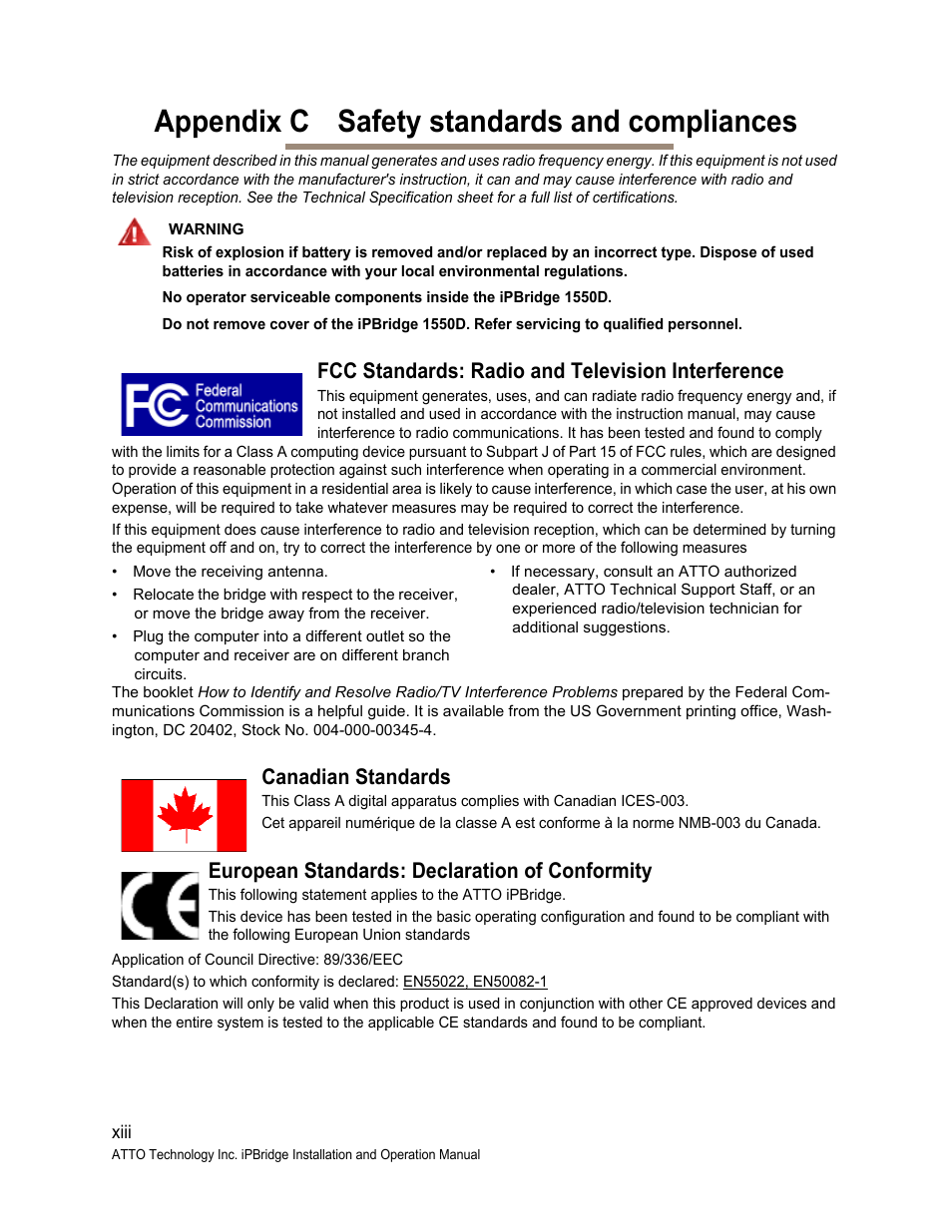 Appendix c safety standards and compliances, Fcc standards: radio and television interference, Canadian standards | European standards: declaration of conformity | ATTO Technology 1550D User Manual | Page 42 / 43