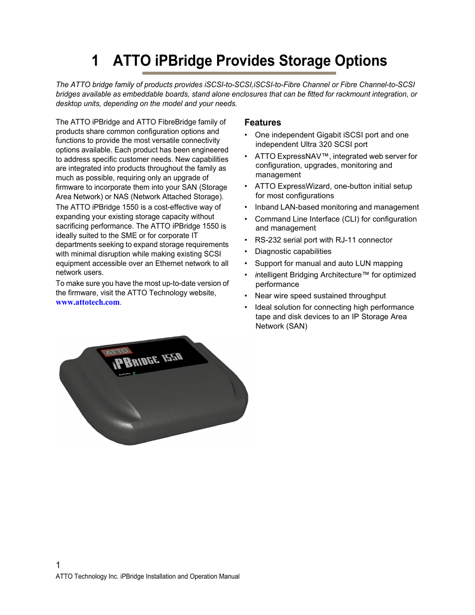1 atto ipbridge provides storage options, Features | ATTO Technology 1550D User Manual | Page 6 / 43