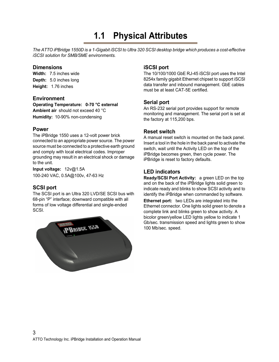 1 physical attributes, Dimensions, Environment | Power, Scsi port, Iscsi port, Serial port, Reset switch, Led indicators | ATTO Technology 1550D User Manual | Page 8 / 43
