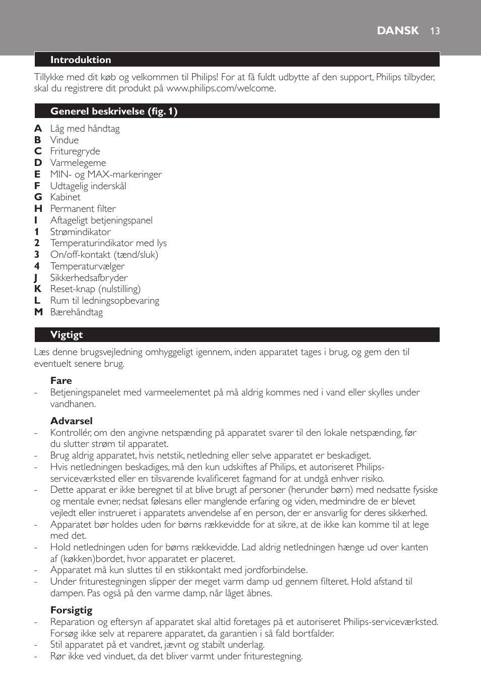 Dansk, Dansk 13 | Philips Freidora User Manual | Page 13 / 104