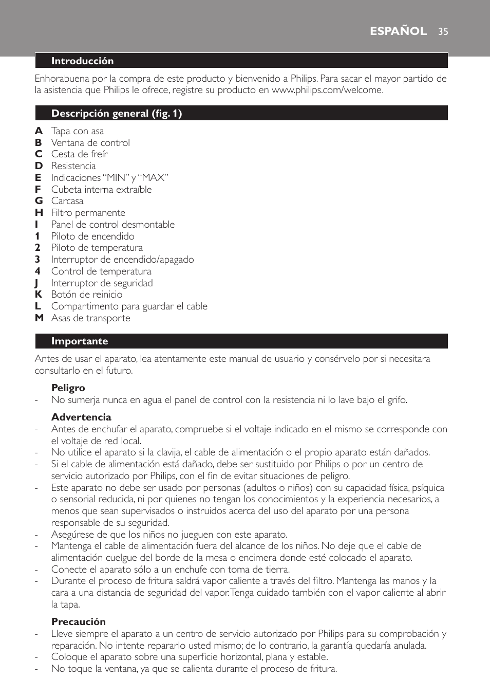 Español, Español 35 | Philips Freidora User Manual | Page 35 / 104