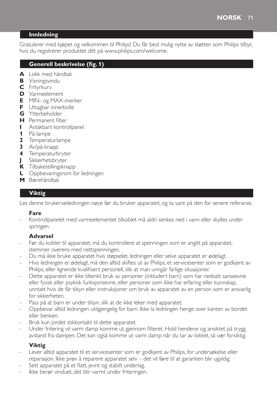 Norsk, Norsk 71 | Philips Freidora User Manual | Page 71 / 104