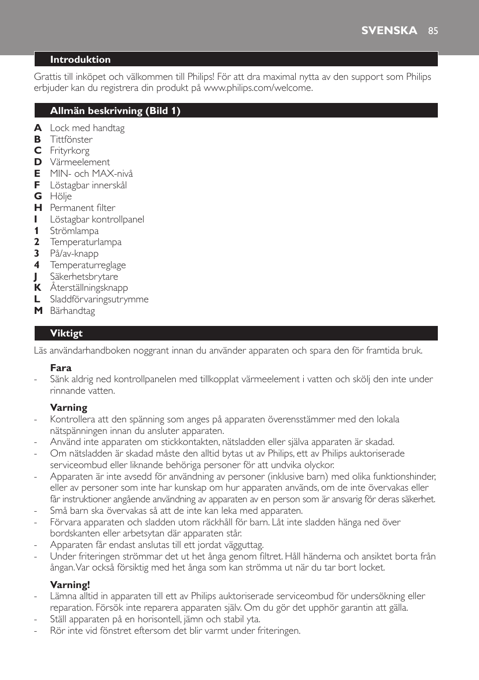 Svenska, Svenska 85 | Philips Freidora User Manual | Page 85 / 104