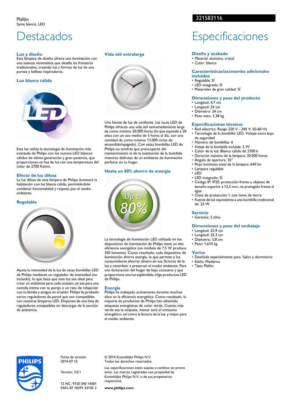 Destacados, Especificaciones | Philips Ledino Plafón User Manual | Page 2 / 2