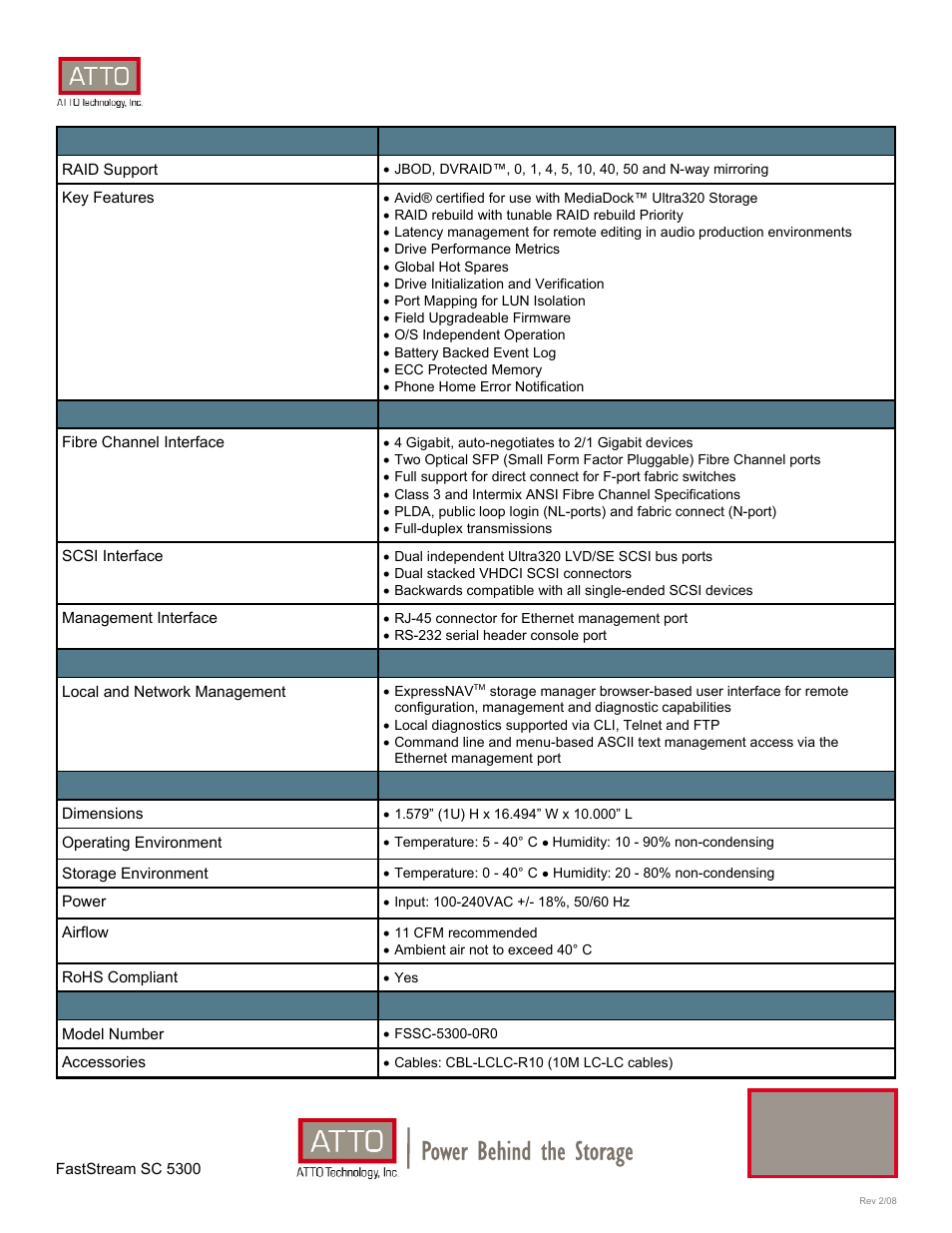 Power behind the storage, Faststream™ sc 5300, Storage controller | ATTO Technology FastStream SC 5300 User Manual | Page 2 / 2