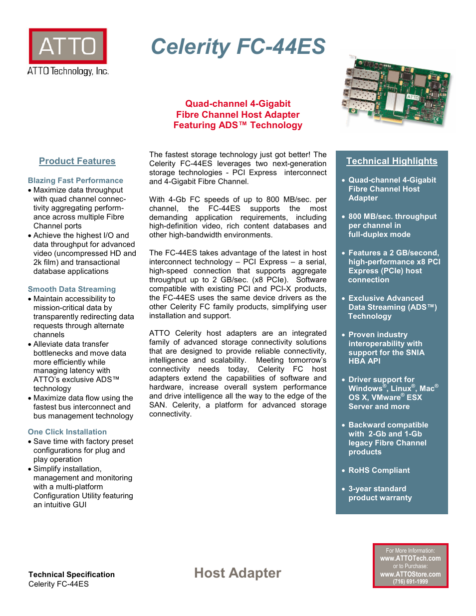 ATTO Technology ATTO Celerity FC-44ES User Manual | 2 pages