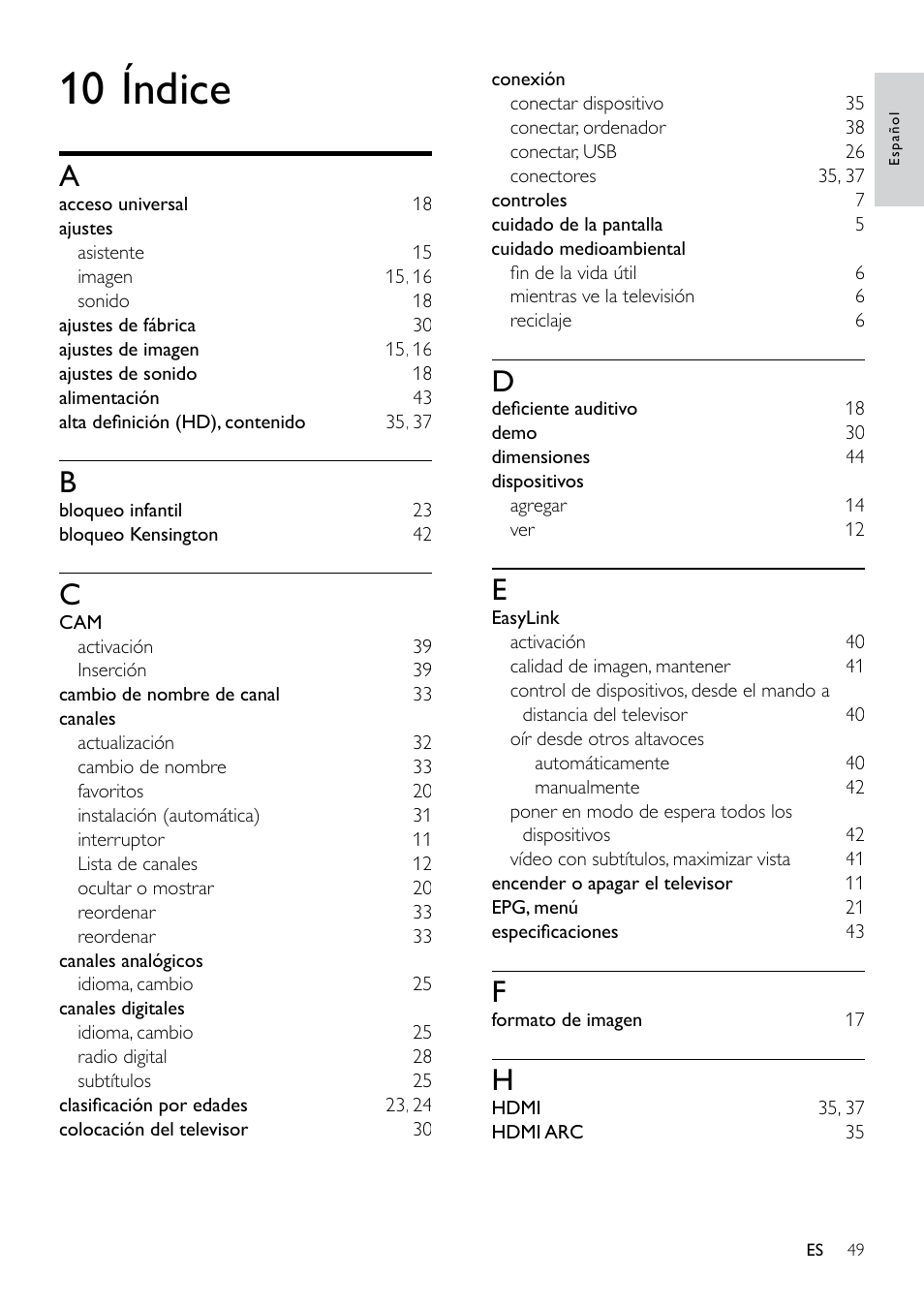 10 índice | Philips 5000 series Televisor LED User Manual | Page 54 / 55