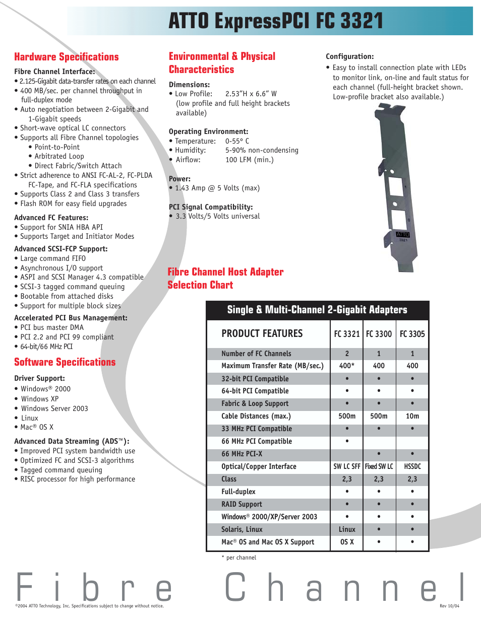 Atto expresspci fc 3321, Hardware specifications, Software specifications | Product features, Single & multi-channel 2-gigabit adapters | ATTO Technology PCI FC 3321 User Manual | Page 2 / 2