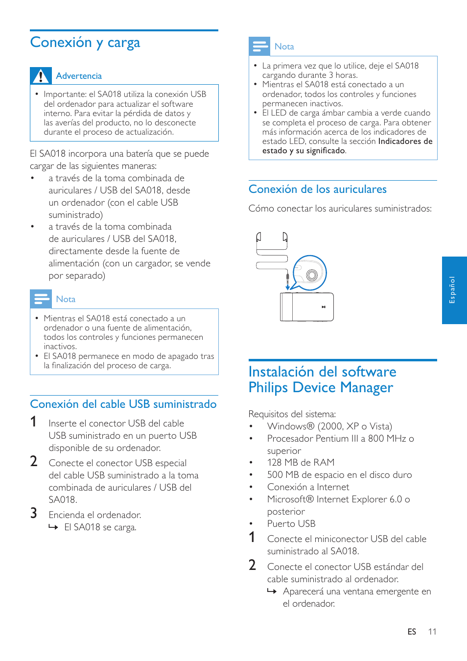 Conexión y carga, Conexión del cable usb suministrado, Conexión de los auriculares | Instalación del software philips device manager, Conexión del cable usb, Suministrado, Instalación del software philips device, Manager | Philips GoGEAR Reproductor de MP3 User Manual | Page 12 / 21