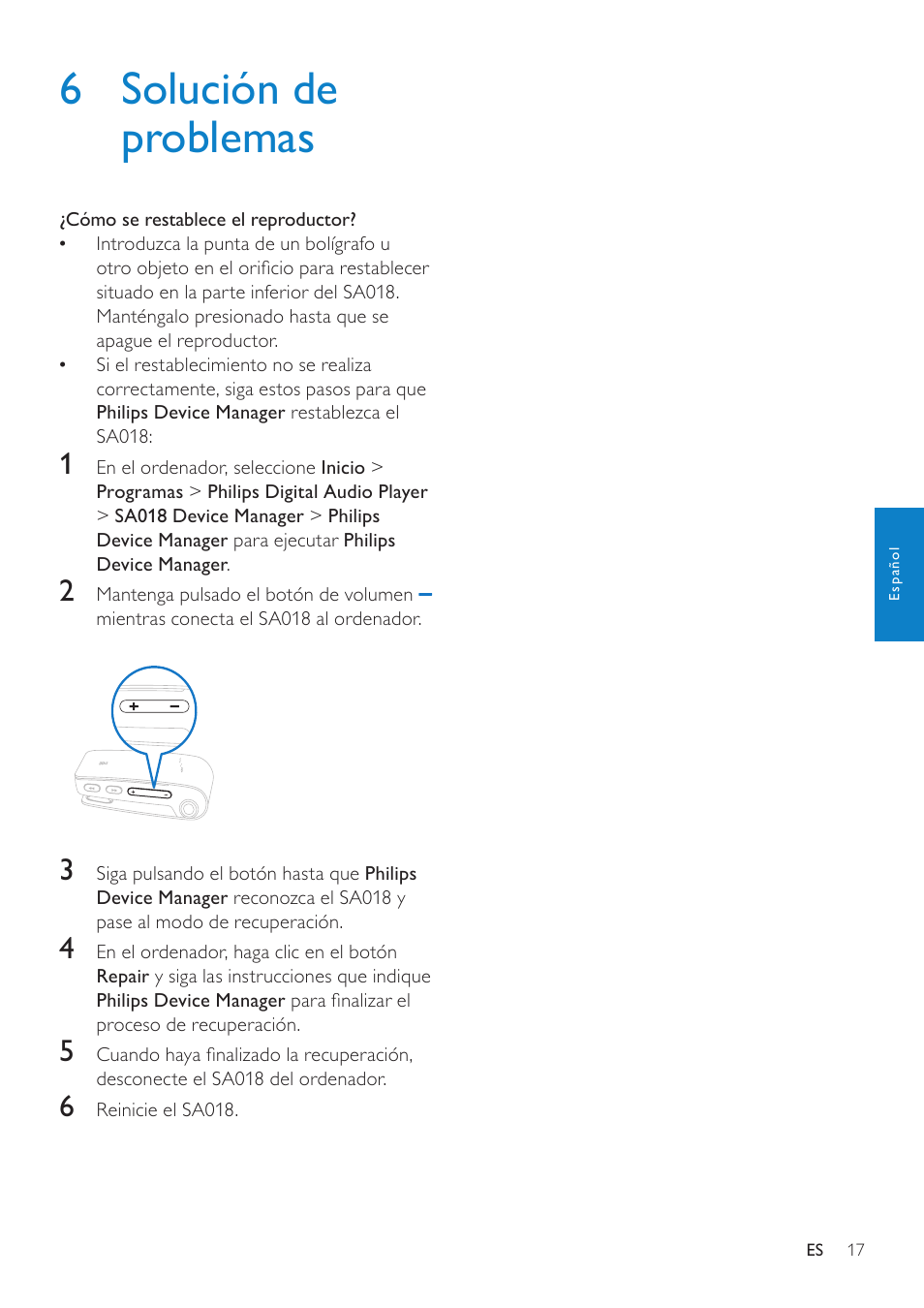 6 solución de problemas | Philips GoGEAR Reproductor de MP3 User Manual | Page 18 / 21