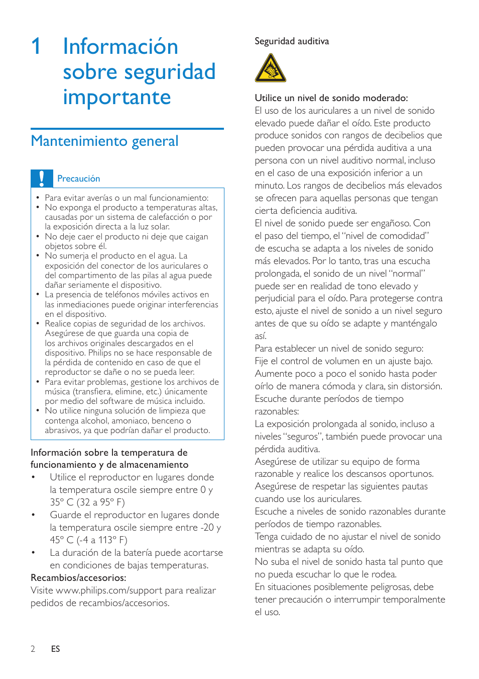 1 información sobre seguridad importante, Mantenimiento general, 1 información sobre seguridad | Importante | Philips GoGEAR Reproductor de MP3 User Manual | Page 3 / 21