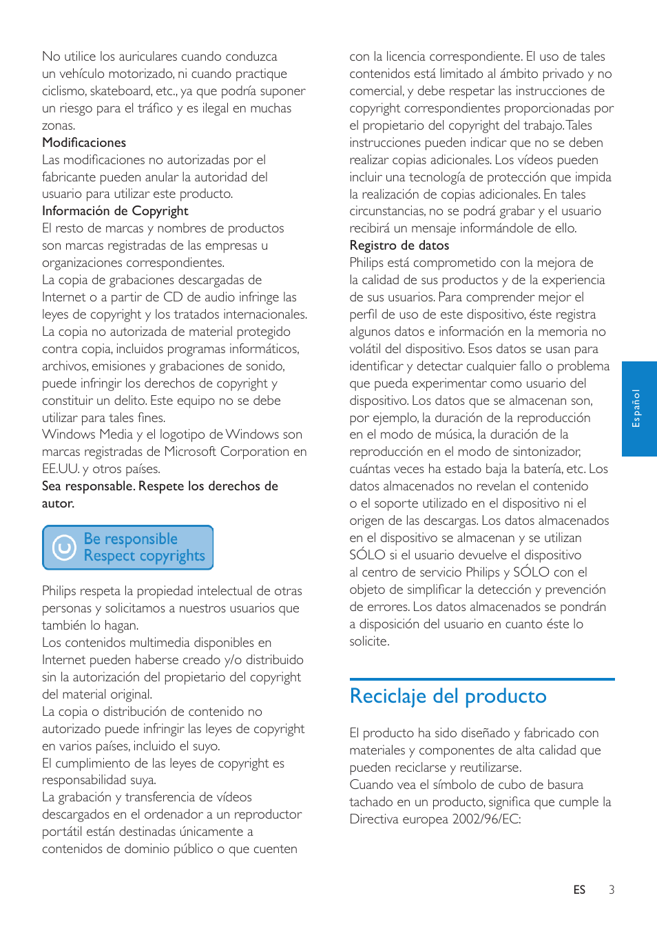 Reciclaje del producto | Philips GoGEAR Reproductor de MP3 User Manual | Page 4 / 21