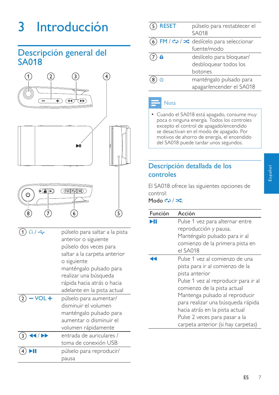 3 introducción, Descripción general del sa018, Descripción detallada de los controles | Descripción detallada de los, Controles | Philips GoGEAR Reproductor de MP3 User Manual | Page 8 / 21