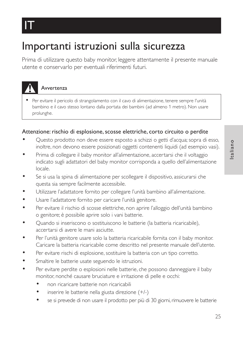 Italiano, Importanti istruzioni sulla sicurezza | Philips AVENT Vigilabebés con vídeo digital User Manual | Page 25 / 104