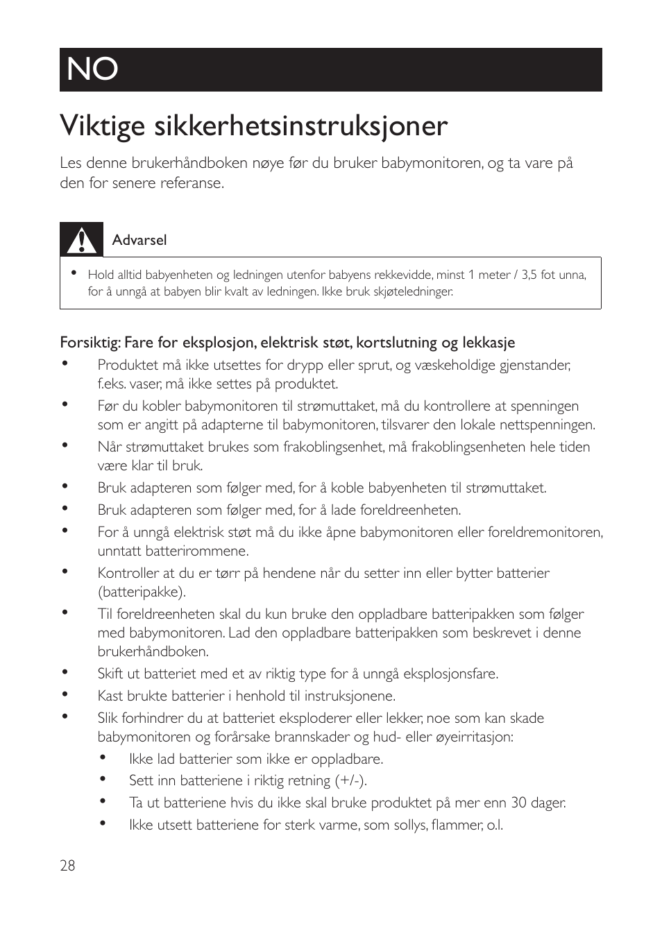Norsk, Viktige sikkerhetsinstruksjoner | Philips AVENT Vigilabebés con vídeo digital User Manual | Page 28 / 104
