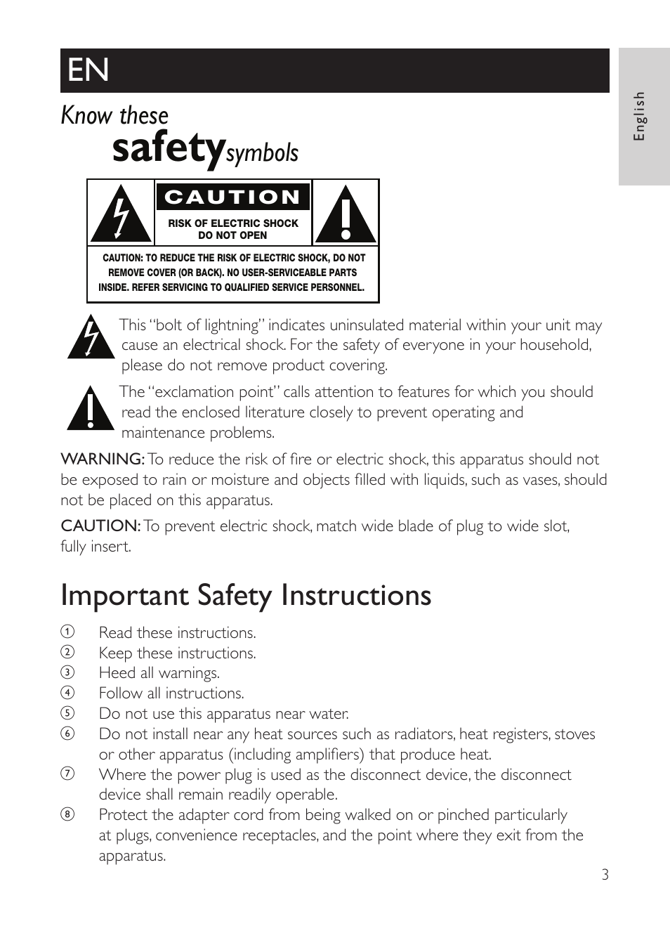 English, Safety, Important safety instructions | Know these, Symbols | Philips AVENT Vigilabebés con vídeo digital User Manual | Page 3 / 104