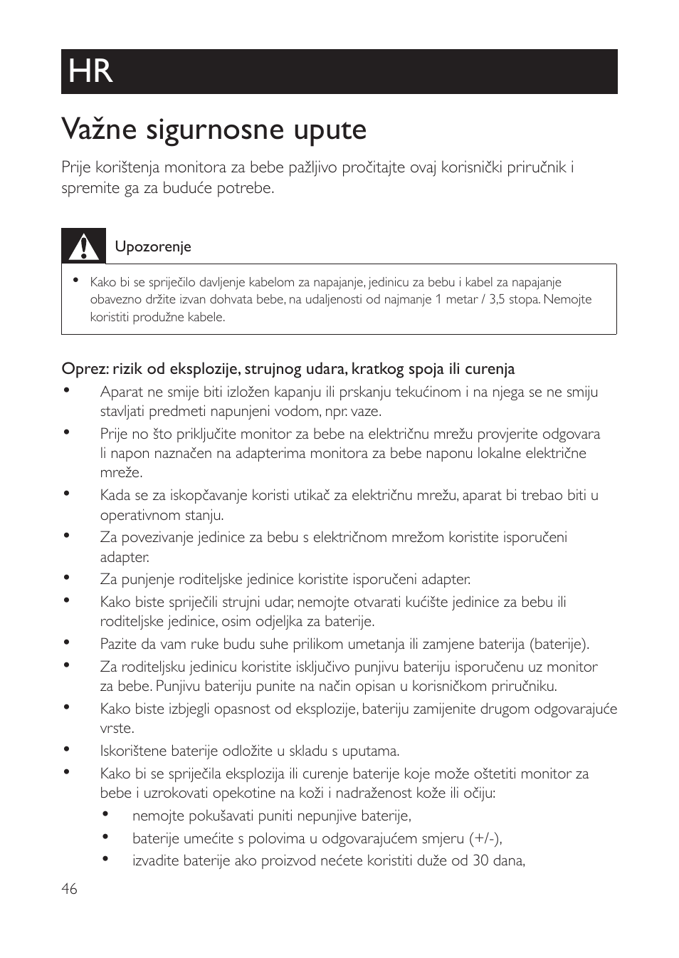 Hrvatski, Važne sigurnosne upute | Philips AVENT Vigilabebés con vídeo digital User Manual | Page 46 / 104