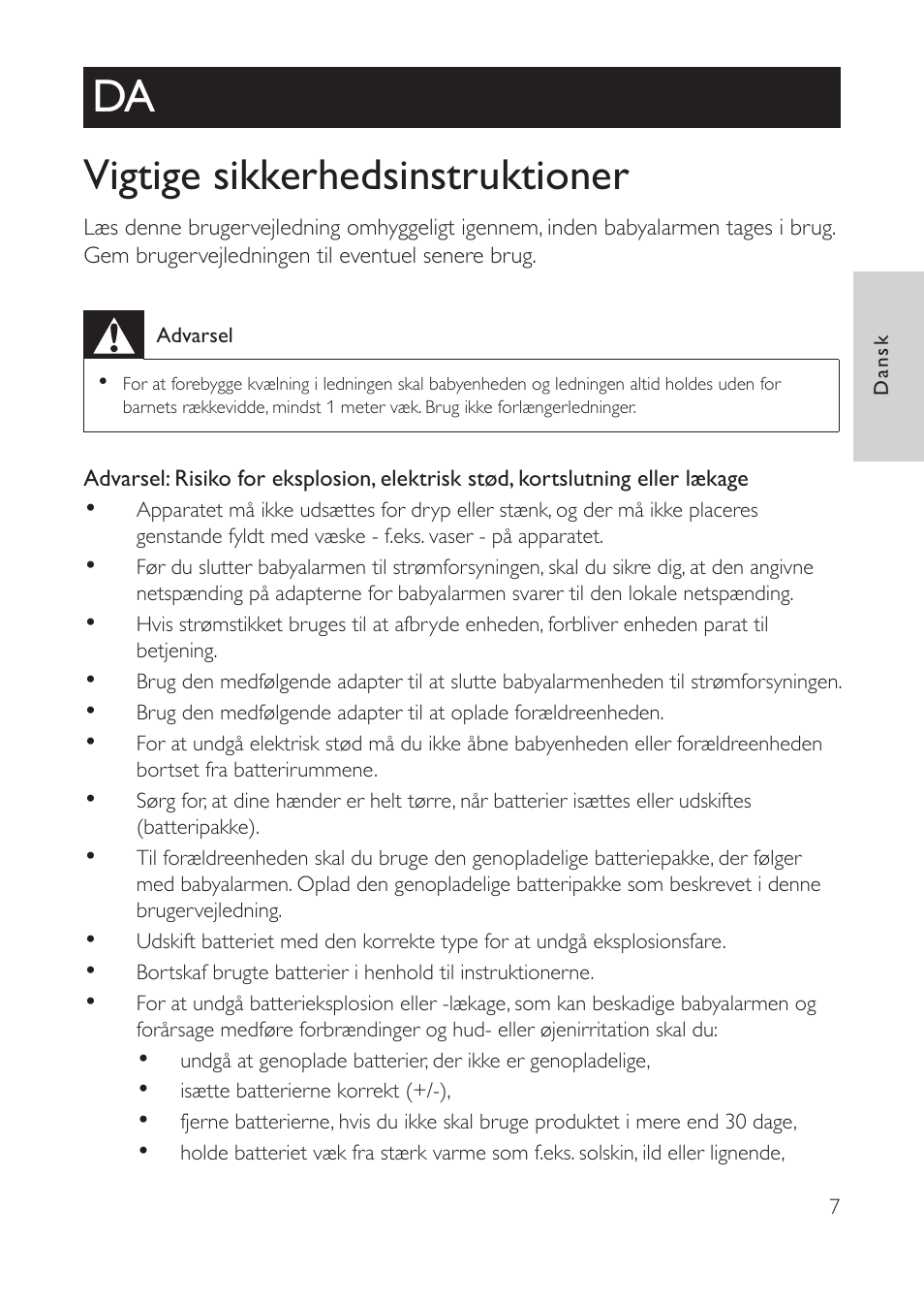 Dansk, Vigtige sikkerhedsinstruktioner | Philips AVENT Vigilabebés con vídeo digital User Manual | Page 7 / 104