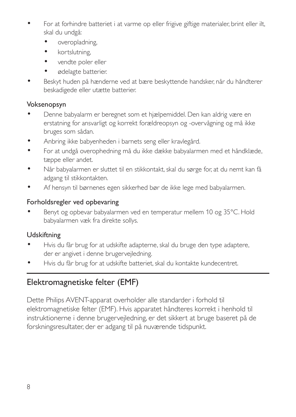 Elektromagnetiske felter (emf) | Philips AVENT Vigilabebés con vídeo digital User Manual | Page 8 / 104