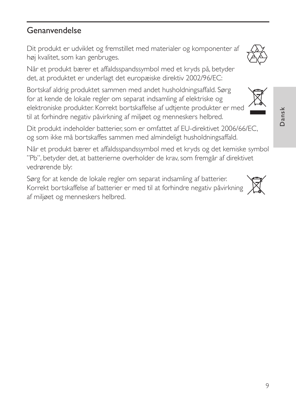 Genanvendelse | Philips AVENT Vigilabebés con vídeo digital User Manual | Page 9 / 104