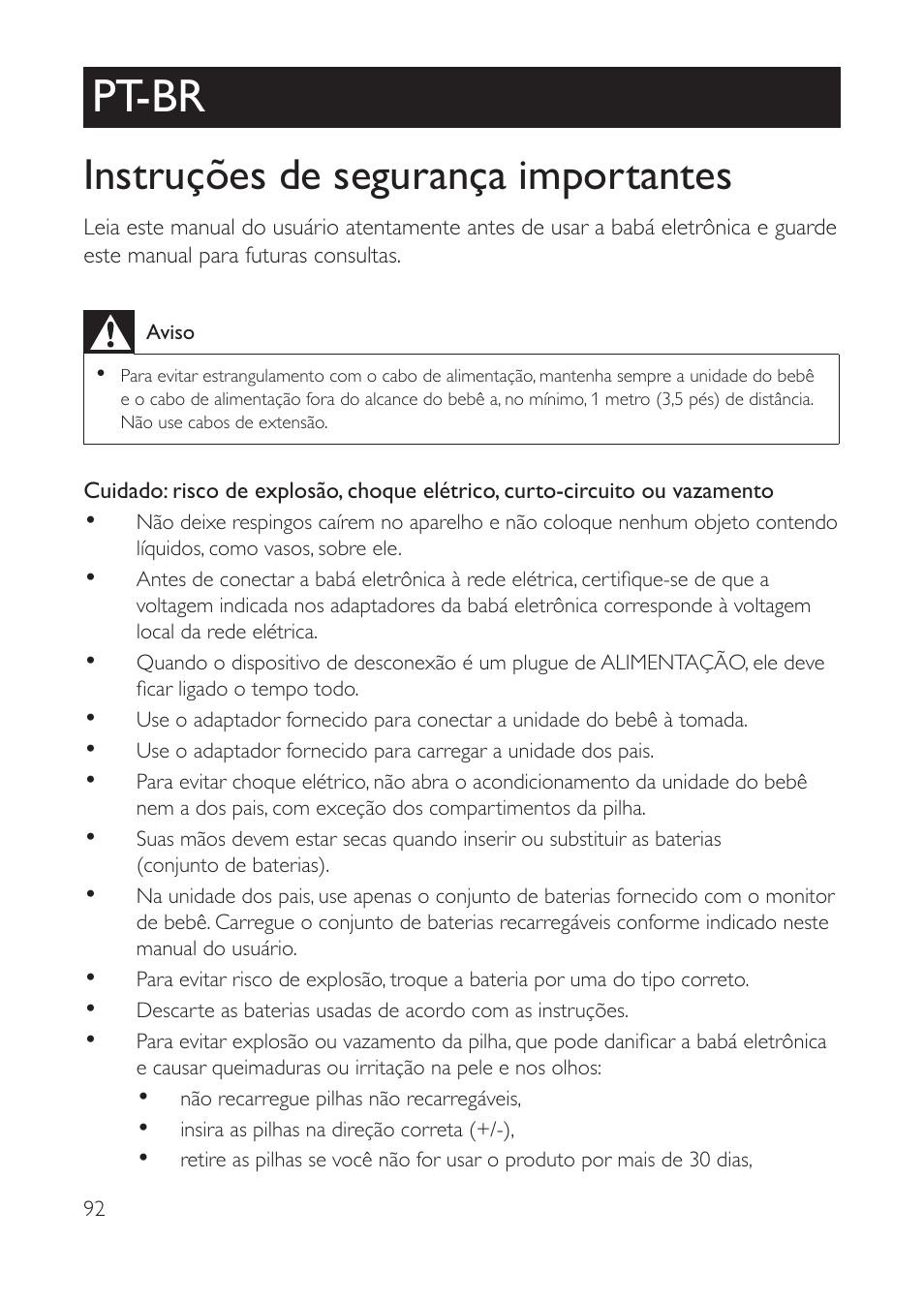 Português, Pt-br, Instruções de segurança importantes | Philips AVENT Vigilabebés con vídeo digital User Manual | Page 92 / 104