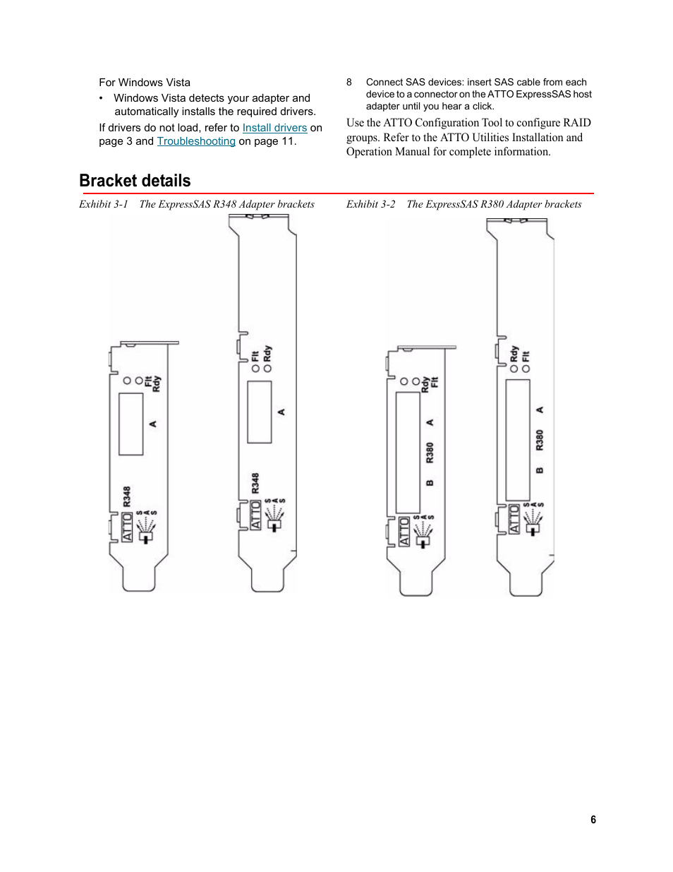Bracket details, Exhibit 3-1 the expresssas r348 adapter brackets, Exhibit 3-2 the expresssas r380 adapter brackets | ATTO Technology R348 v User Manual | Page 11 / 20