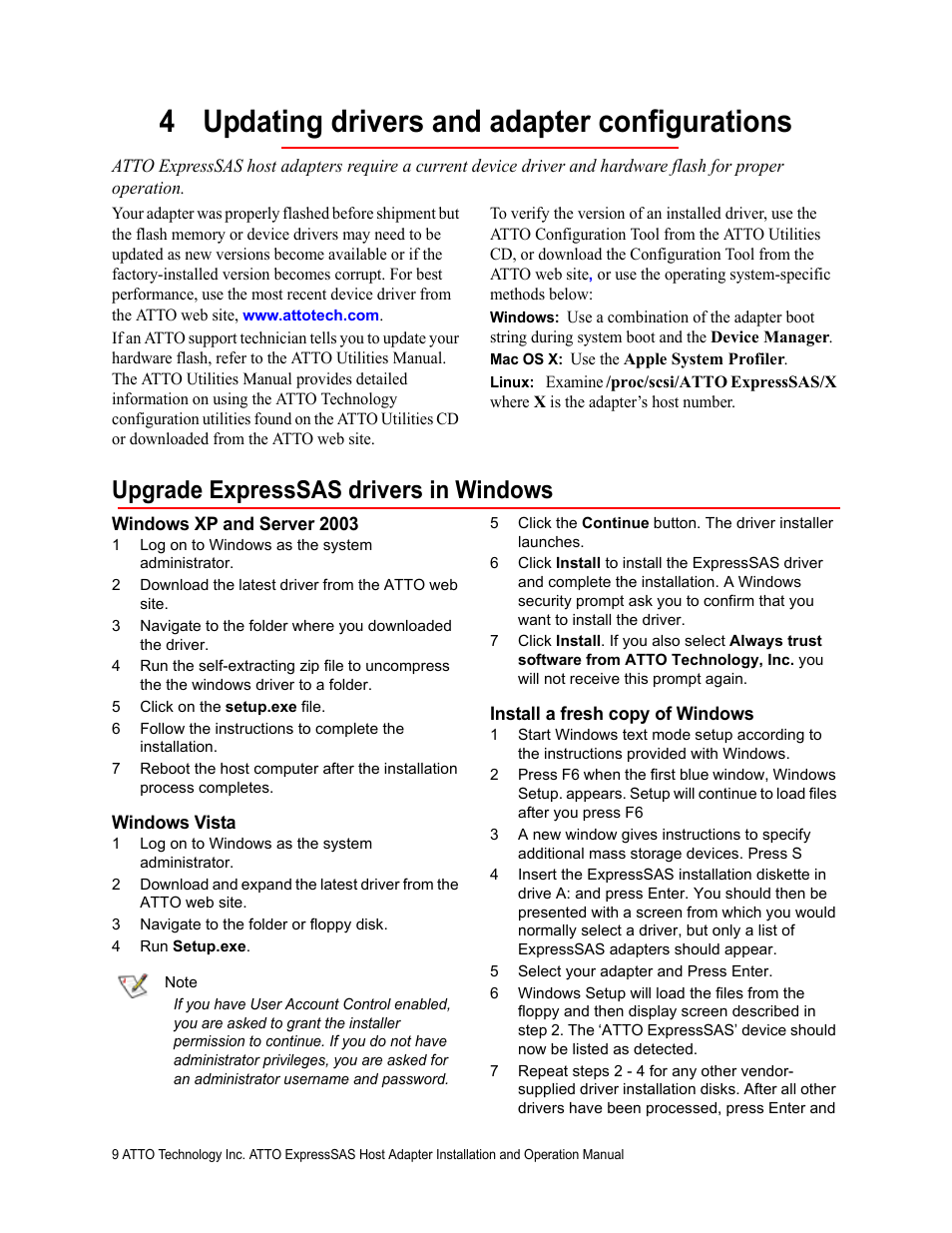 4 updating drivers and adapter configurations, Upgrade expresssas drivers in windows, Windows xp and server 2003 | Windows vista, Install a fresh copy of windows | ATTO Technology R348 v User Manual | Page 14 / 20