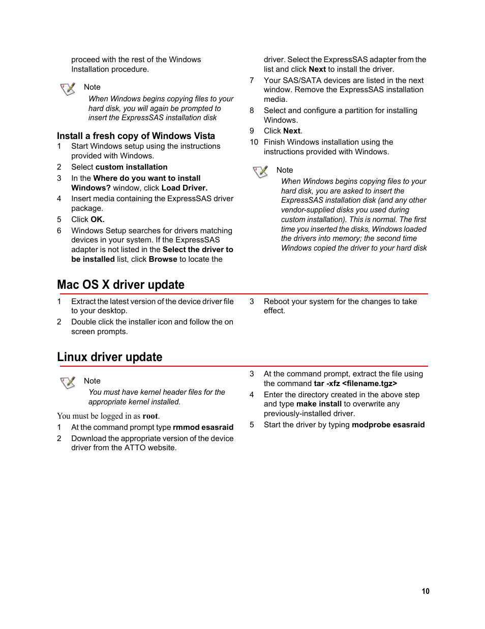 Install a fresh copy of windows vista, Mac os x driver update, Linux driver update | Mac os x driver update linux driver update | ATTO Technology R348 v User Manual | Page 15 / 20