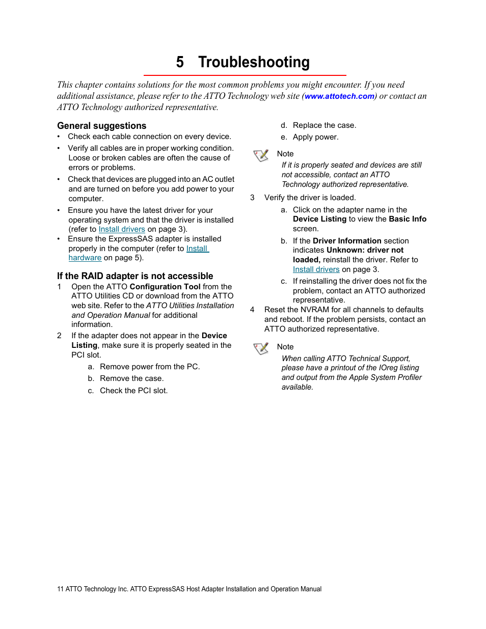 5 troubleshooting, General suggestions, If the raid adapter is not accessible | ATTO Technology R348 v User Manual | Page 16 / 20