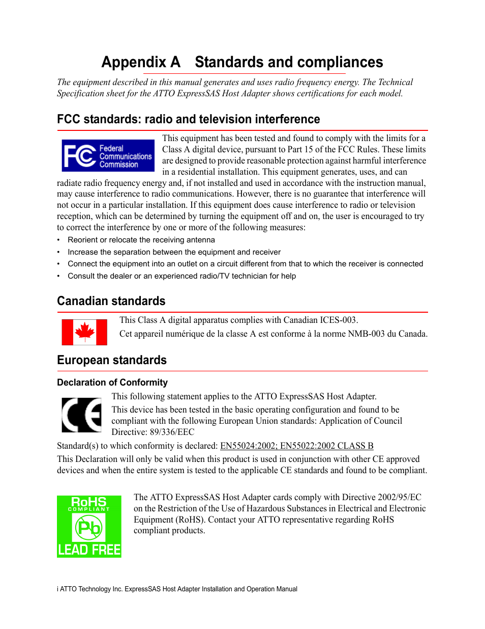 Appendix a standards and compliances, Fcc standards: radio and television interference, Canadian standards | European standards, Declaration of conformity | ATTO Technology R348 v User Manual | Page 18 / 20