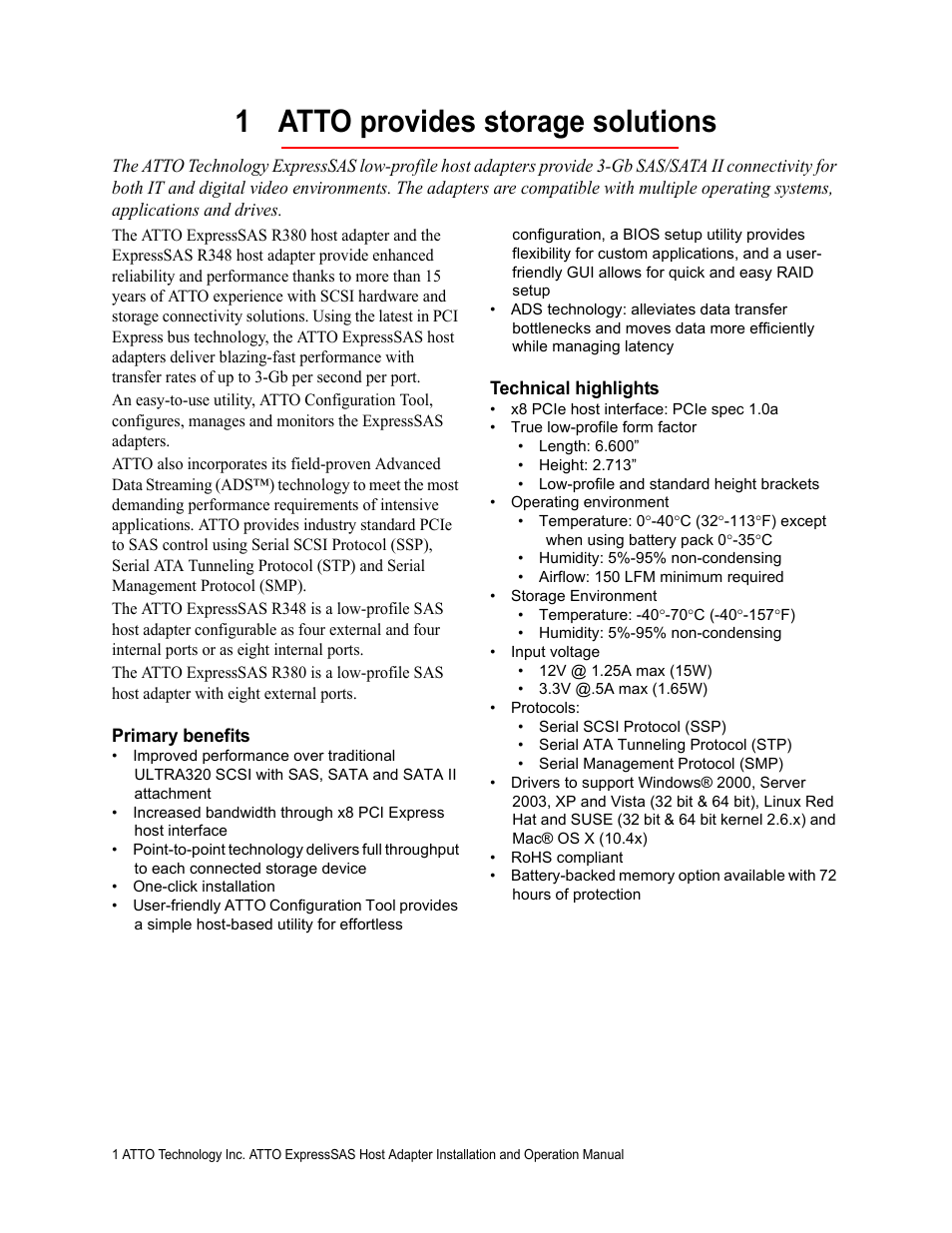 1 atto provides storage solutions, Primary benefits, Technical highlights | Primary benefits technical highlights | ATTO Technology R348 v User Manual | Page 6 / 20
