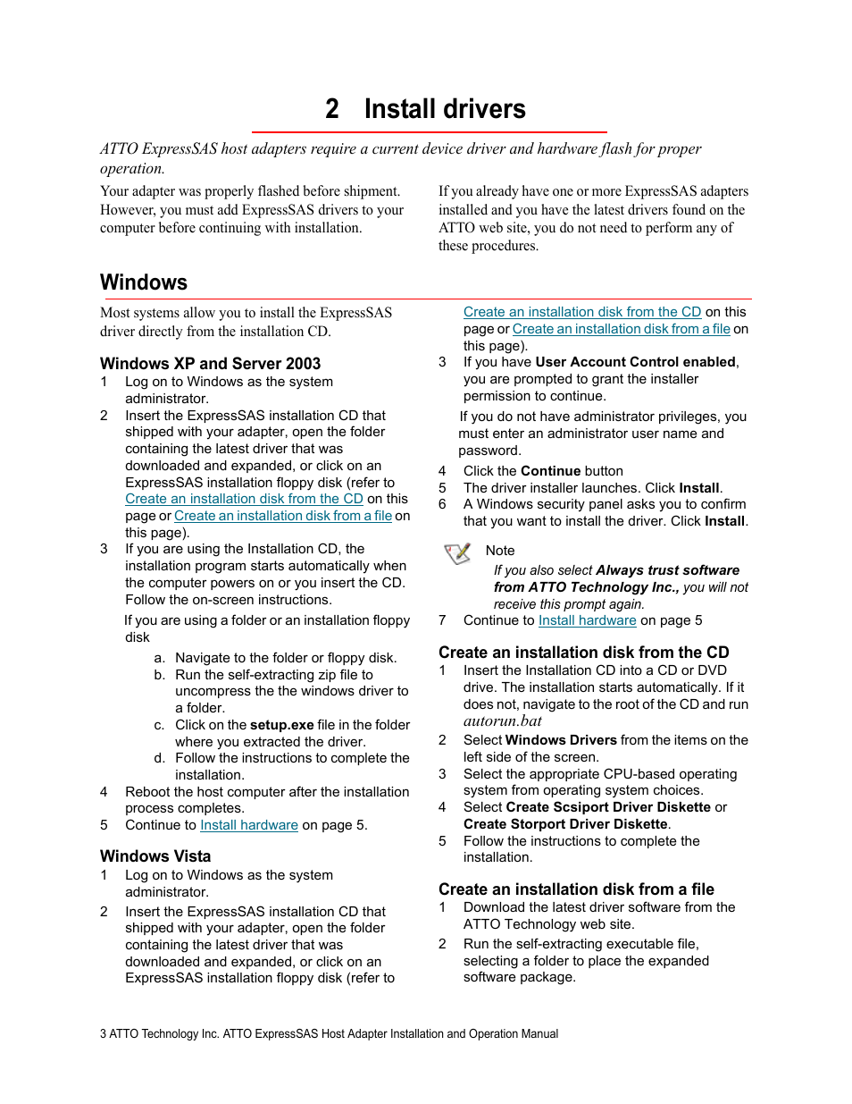 2 install drivers, Windows, Windows xp and server 2003 | Windows vista, Create an installation disk from the cd, Create an installation disk from a file | ATTO Technology R348 v User Manual | Page 8 / 20