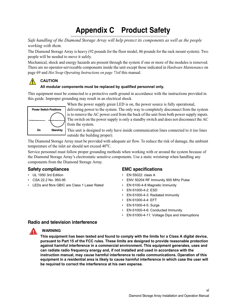 Appendix c product safety, Safety compliances, Emc specifications | Radio and television interference, Appendix c | ATTO Technology Diamond Storage Array S-Class User Manual | Page 103 / 105