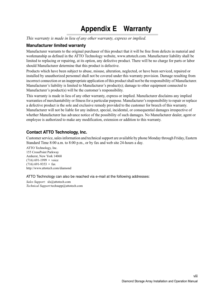 Appendix e warranty, Manufacturer limited warranty, Contact atto technology, inc | Appendix e, Contact atto, Technology, inc | ATTO Technology Diamond Storage Array S-Class User Manual | Page 105 / 105